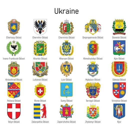 Raster aller 24 ukrainischen Oblast-Wappen, jedes Wappen mit Regionsnamen beschriftet