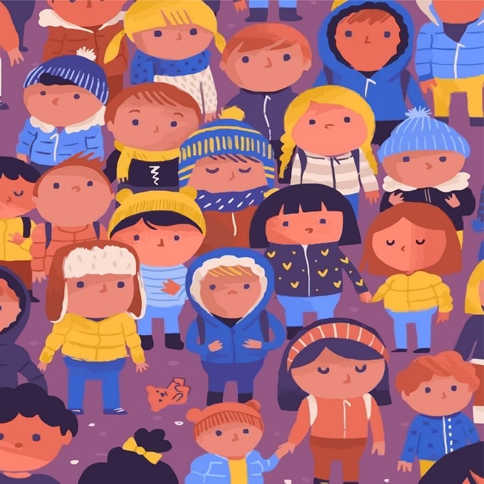 Illustrierte Menge ukrainischer Kinder in bunten Wintermützen, Jacken und Schals