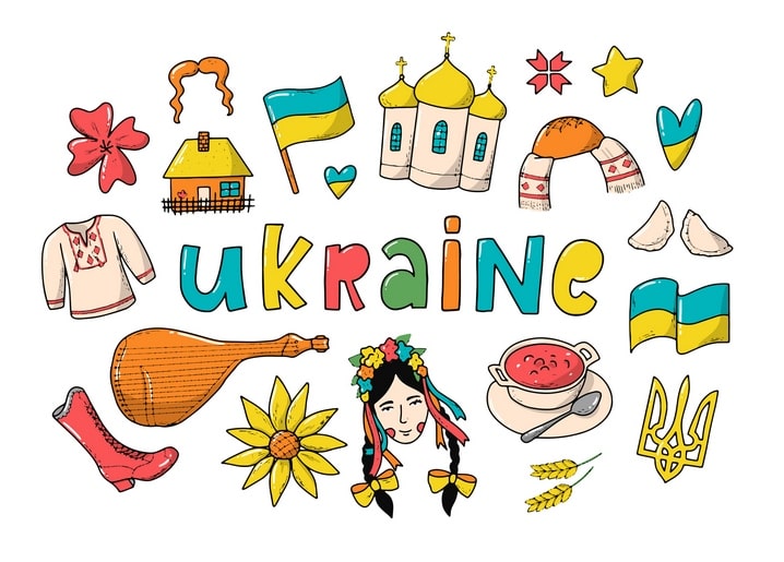 Gezeichnete ukrainische Symbole — Wyschywanka, Bandura, Borschtsch, Korowai — rund um das Wort UKRAINE