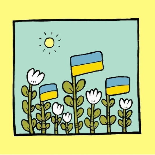 Handgezeichnete ukrainische Flaggen wachsen wie Wildblumen unter einer skizzierten Sonne