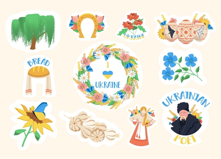 Postkarte im Sticker-Stil mit ukrainischen Symbolen: Weide, Kranz, Brot und Dichterporträt