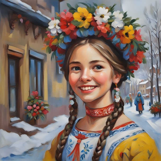 Young woman in a red, yellow, and white floral wreath and embroidered blouse on a snowy street