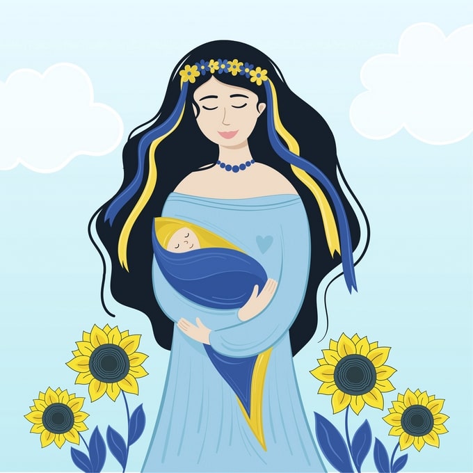 Ukrainische Mutter in Blau hält ihr Baby zwischen Sonnenblumen, blau-gelbe Bänder im Haar