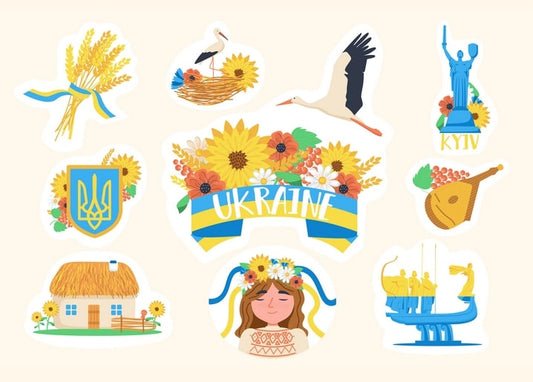Collage ukrainischer Symbole: Storch, Bandura, Mutter-Heimat-Denkmal, Dorfhaus, Mädchen mit Blumenkranz