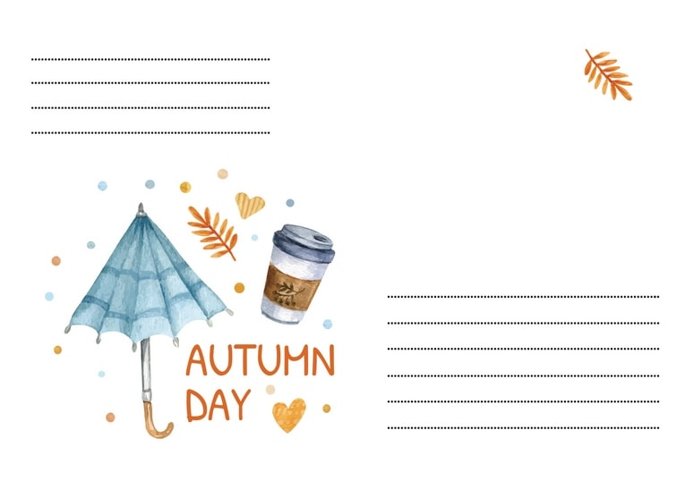 Aquarellierter blauer Regenschirm und Kaffeebecher mit Herbstblatt auf einem Umschlag