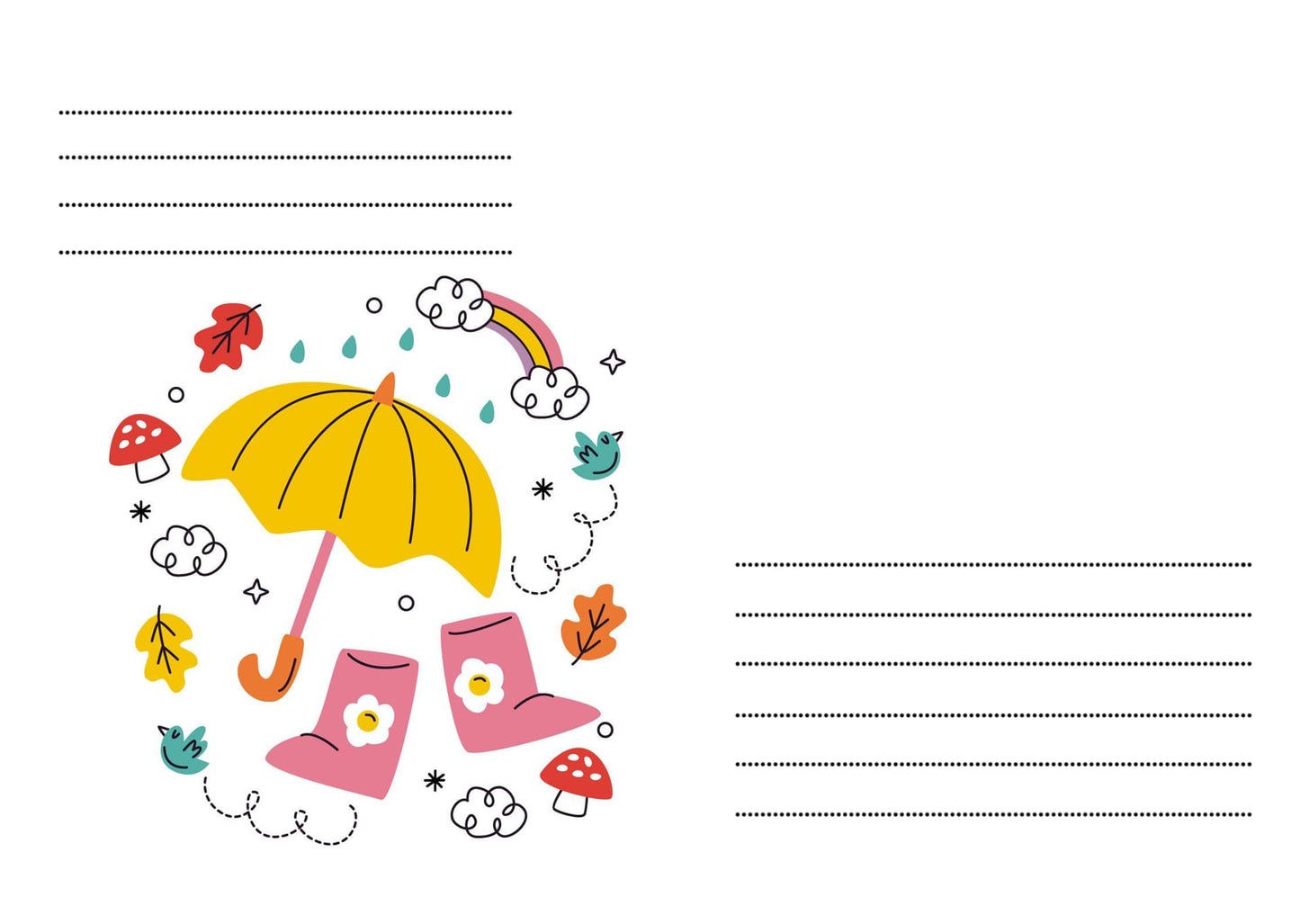 Illustration mit gelbem Regenschirm, rosa Gummistiefeln, Regenbogen, Pilzen und Laub