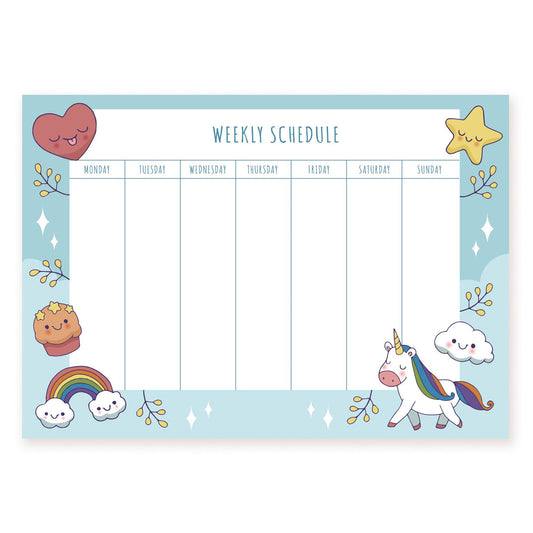 Kawaii weekly planner sheet with a unicorn, rainbow, stars and clouds on light blue background