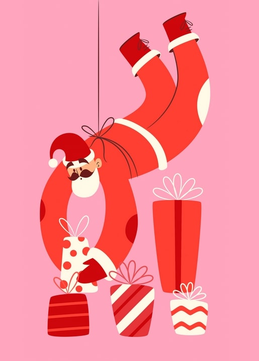 Illustrated Santa Claus hanging upside down like an acrobat above wrapped gifts on a pink background.