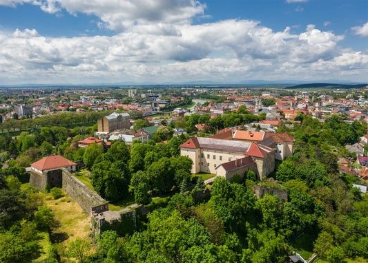 Luftaufnahme der Burg Uzhhorod auf grünem Hügel mit roten Dächern der Stadt darunter