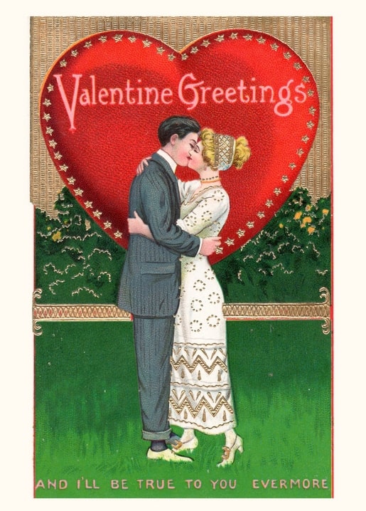 Illustrated couple embracing inside a large red heart on a vintage Valentine postcard