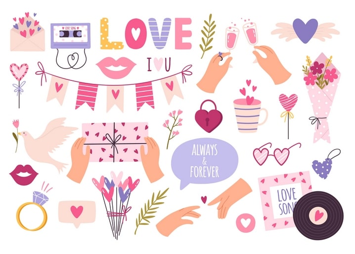 Liebes-Collage mit Herzen, Taube, Geschenk, Ring und romantischen Notizen