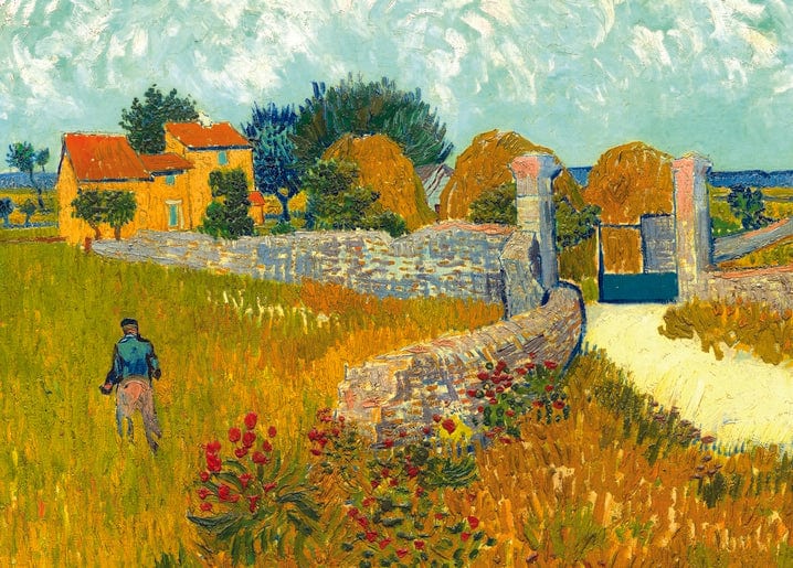 Van Goghs Gemälde von 1888: provenzalischer Bauernhof mit Steinmauer, Mann auf dem Weg und Mohnblumen