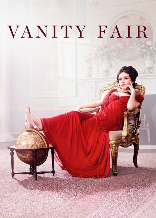 Plakat „Vanity Fair“: Frau im roten Kleid neben einem Globus in prunkvollem Zimmer