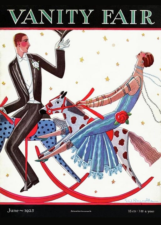 1925 Vanity Fair magazine cover: couple in eveningwear riding a toy rocking horse