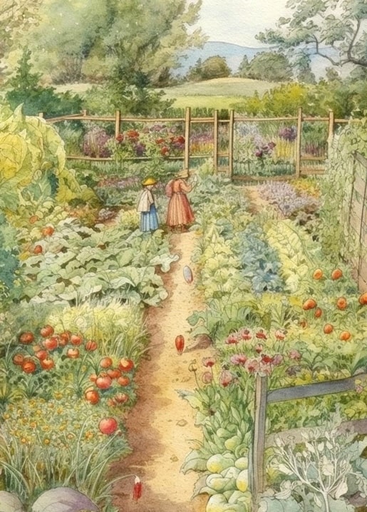 Aquarell-Postkarte mit zwei Gärtnerinnen auf einem Weg durch den Gemüsegarten mit Kürbissen