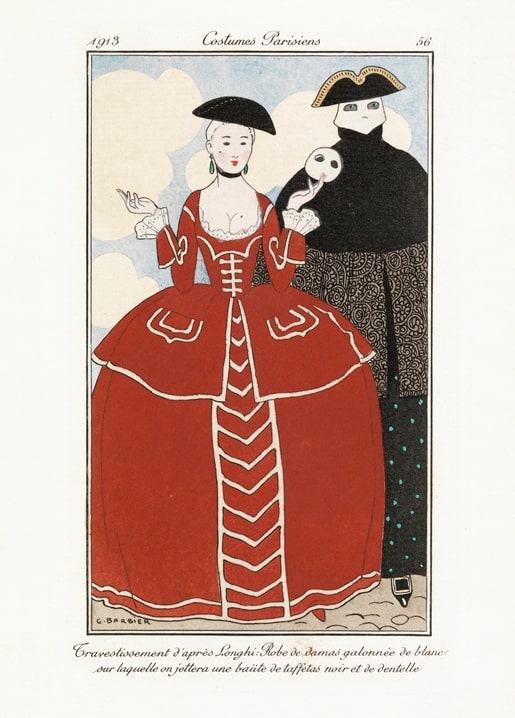 1913 fashion plate by G. Barbier: woman in red masquerade gown beside a masked man in black