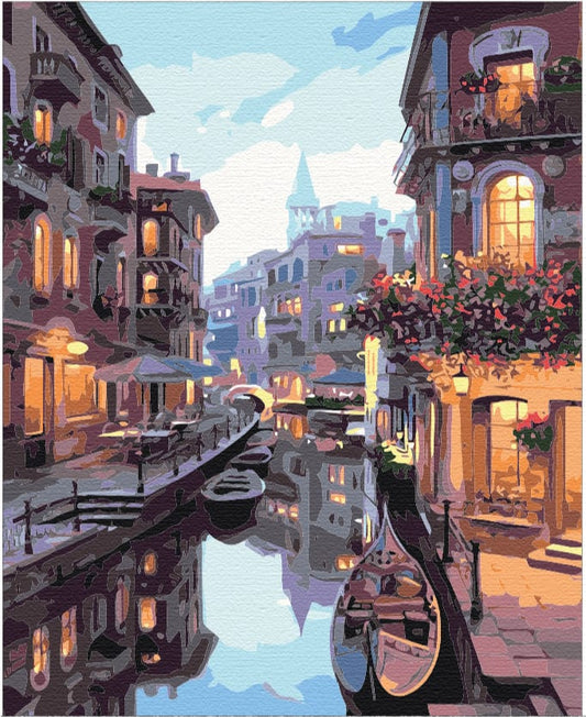 Gondola on a Venice canal at dusk with flower-covered balconies, paint-by-numbers art