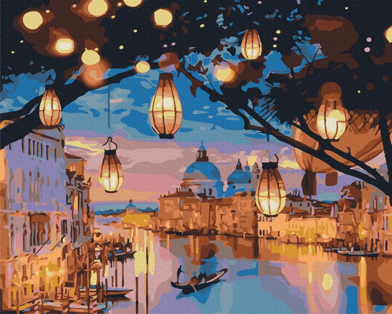 Venice paint-by-numbers: lantern lights over the Grand Canal with a gondola at dusk.