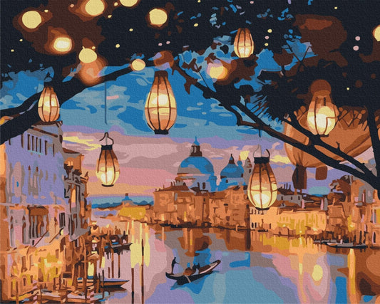 Venice paint-by-numbers: lantern lights over the Grand Canal with a gondola at dusk.