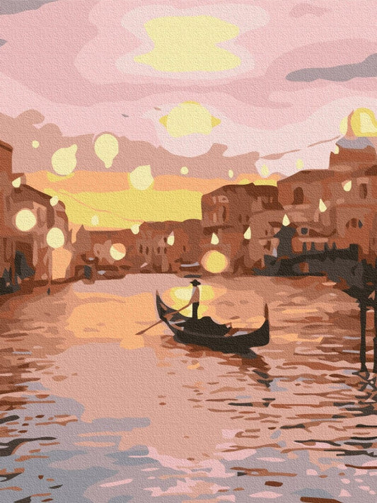 Illustration of a gondolier crossing a Venice canal at sunset with glowing lantern lights overhead