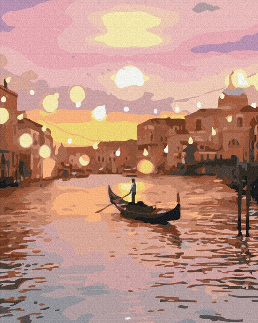 Illustrated gondolier on a Venice canal at sunset with string lights against a pink sky