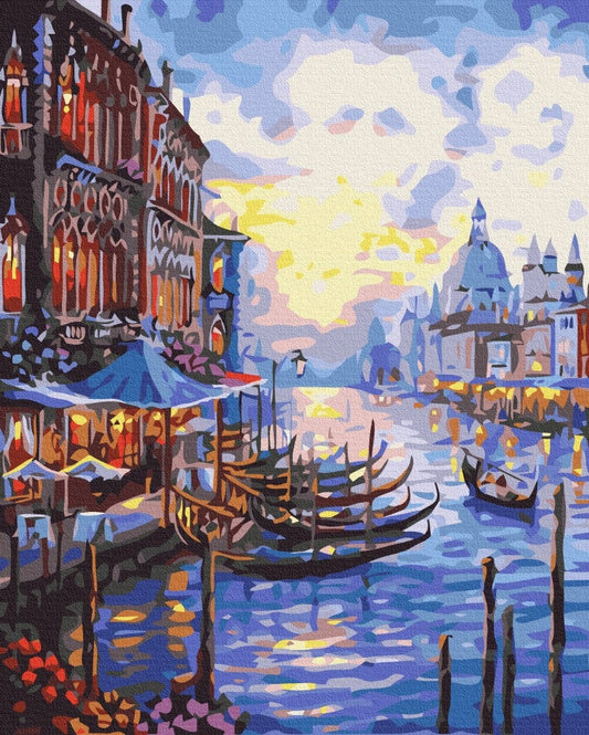 Paint-by-numbers scene of gondolas moored on Venice's Grand Canal at dusk with warm lantern light