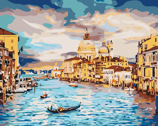 Painting-by-numbers scene of a gondola on Venice's Grand Canal at golden-hour sunset