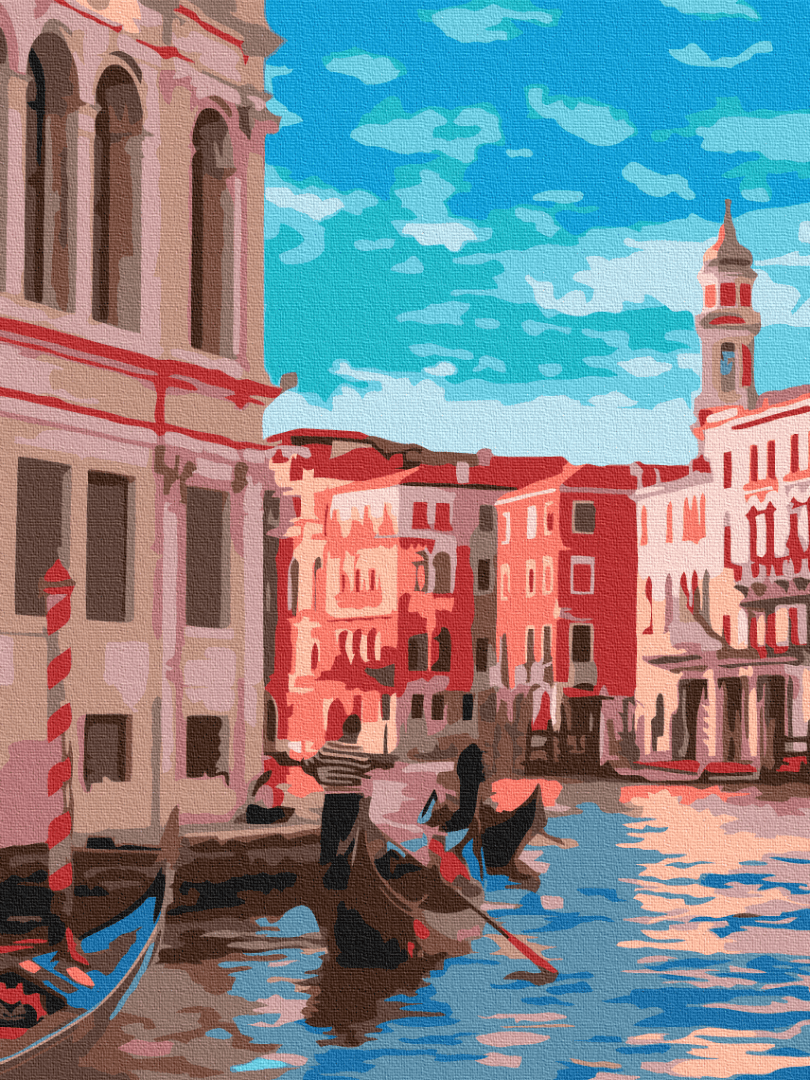 Illustrated paint-by-numbers scene of a gondolier on Venice's Grand Canal at sunset