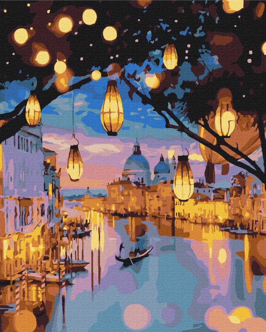 Paint-by-numbers canvas of Venice's Grand Canal glowing with lanterns at dusk