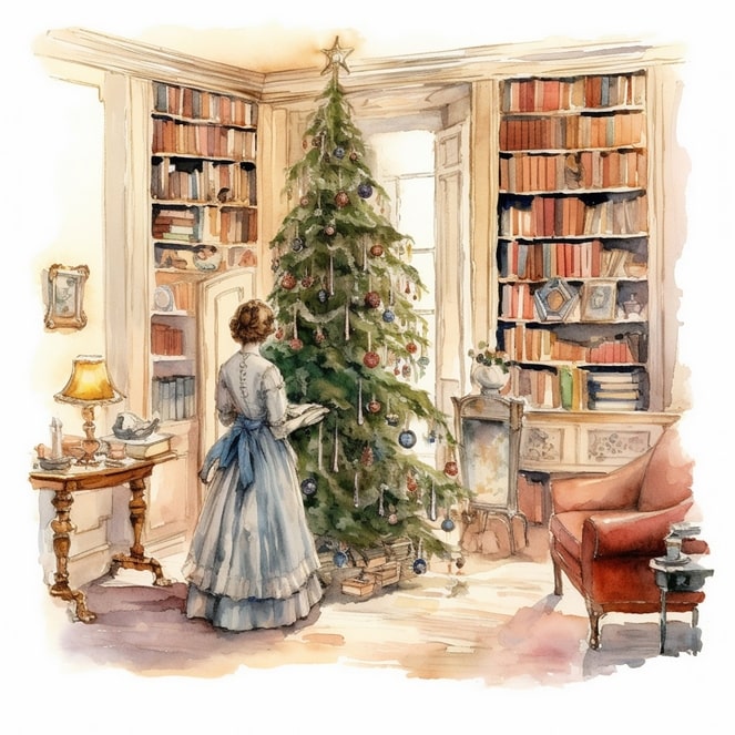 Illustration einer Dame im viktorianischen Kleid, die einen Weihnachtsbaum in einer Bibliothek schmückt