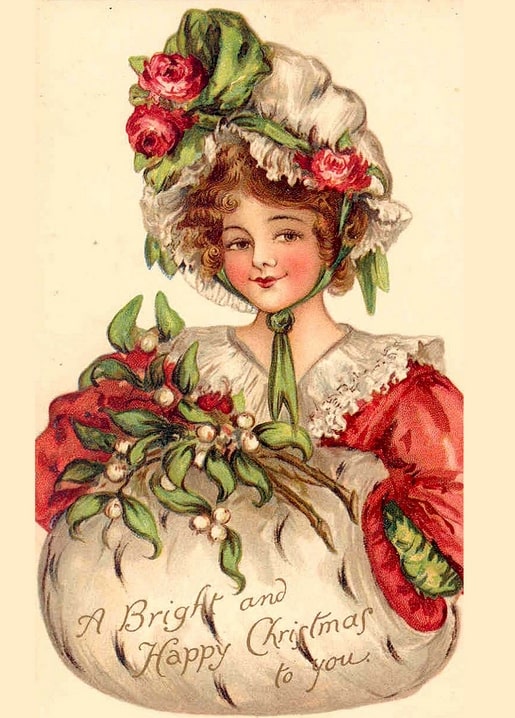 Vintage Christmas postcard illustration of a bonneted lady holding pink roses and mistletoe in a fur muff