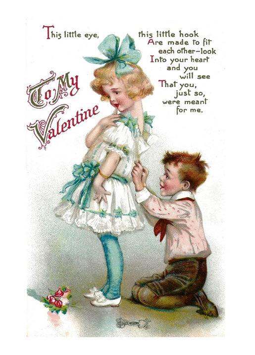 Victorian illustration of a kneeling boy reaching for a girl in a bow-trimmed white dress, captioned ‘To My Valentine’