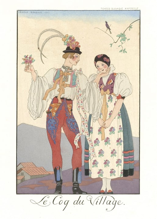 1921 folk-costume plate: man in red embroidered trousers offers flowers to blushing woman