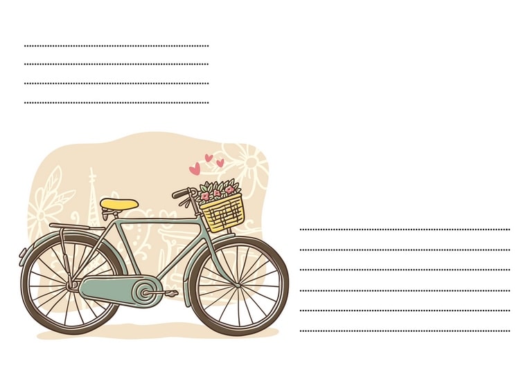 Teal vintage bicycle with a flower-filled wicker basket and hearts on a cream patterned envelope