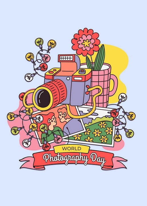 Flat lay of a vintage camera, floral photo prints, pink mug of flowers, and string lights for World Photography Day