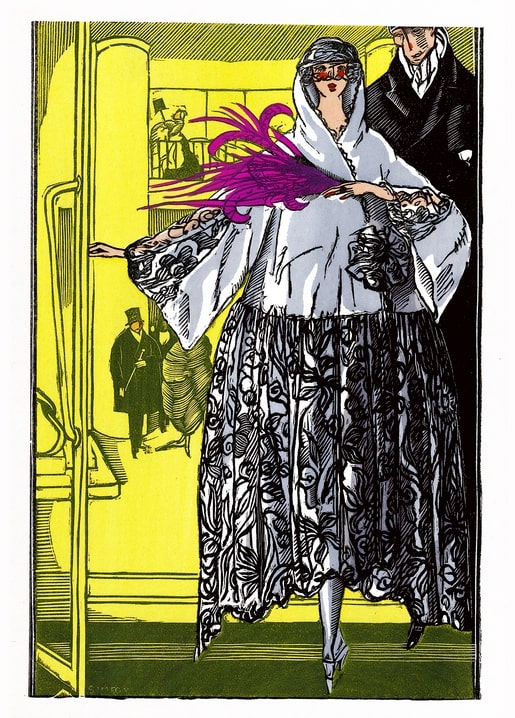 Art Deco illustration of a vintage couple, she in lace and purple feathers, he in a dark coat