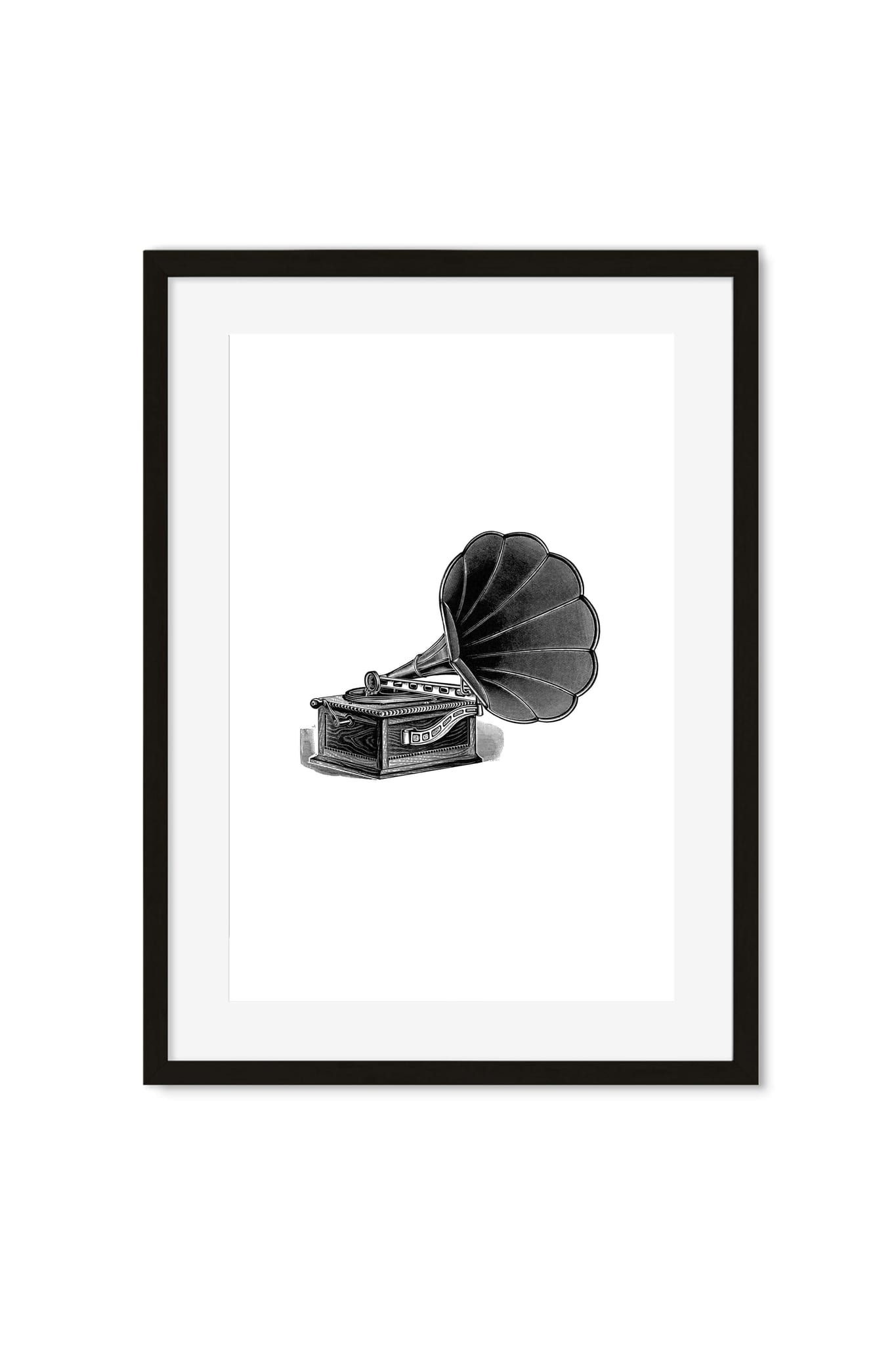 Black-and-white illustration of an antique gramophone with a fluted horn, in a black frame on a white wall