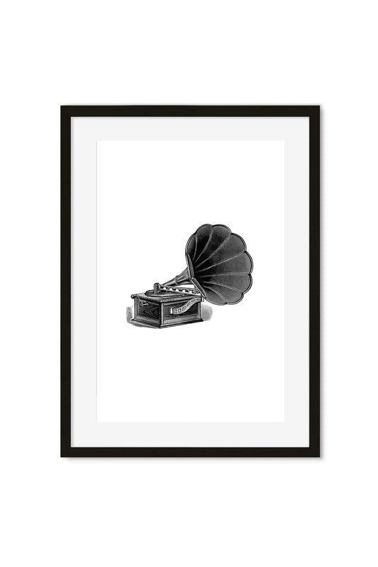 Black-and-white illustration of an antique gramophone with a fluted horn, in a black frame on a white wall