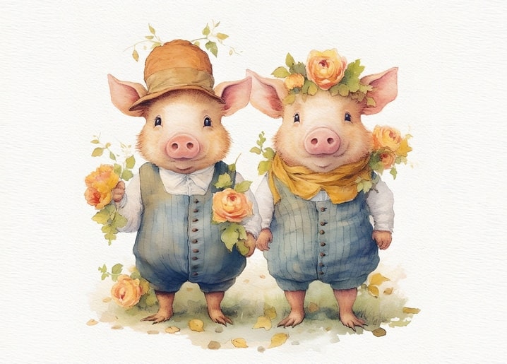 Two watercolor pigs in vintage waistcoats, one in a hat and one crowned with roses, both holding rose bouquets