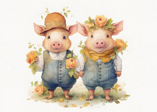 Two watercolor pigs in vintage waistcoats, one in a hat and one crowned with roses, both holding rose bouquets