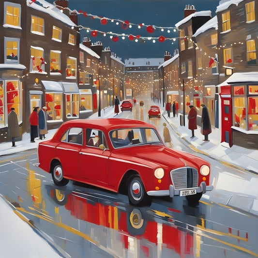Illustration eines roten Oldtimer-Autos auf einer schneebedeckten Straße mit Weihnachtslichtern