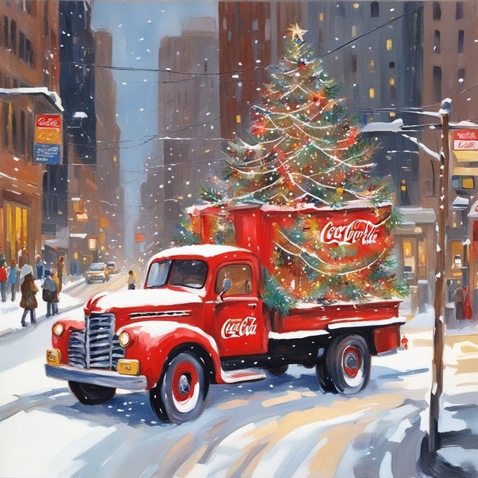 Vintage red truck carrying a glowing Christmas tree through a snowy city street