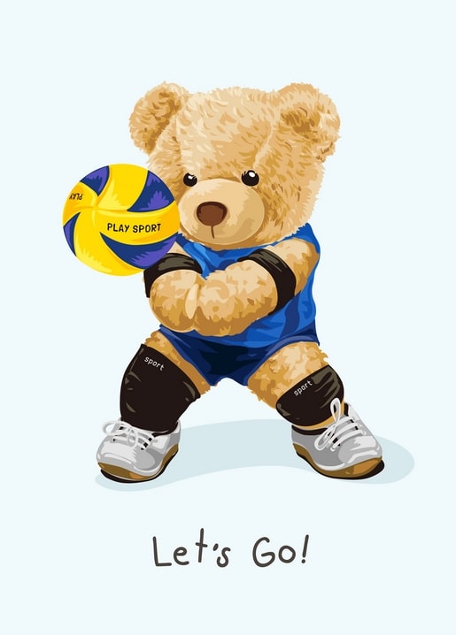 Teddybär im blauen Volleyball-Trikot fängt einen Ball, Aufschrift „Let's Go!“
