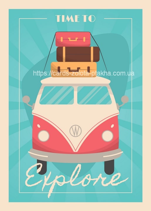 Illustrierter rosa VW-Bus mit Koffern auf dem Dach vor türkisfarbenem Sonnenstrahl-Hintergrund.