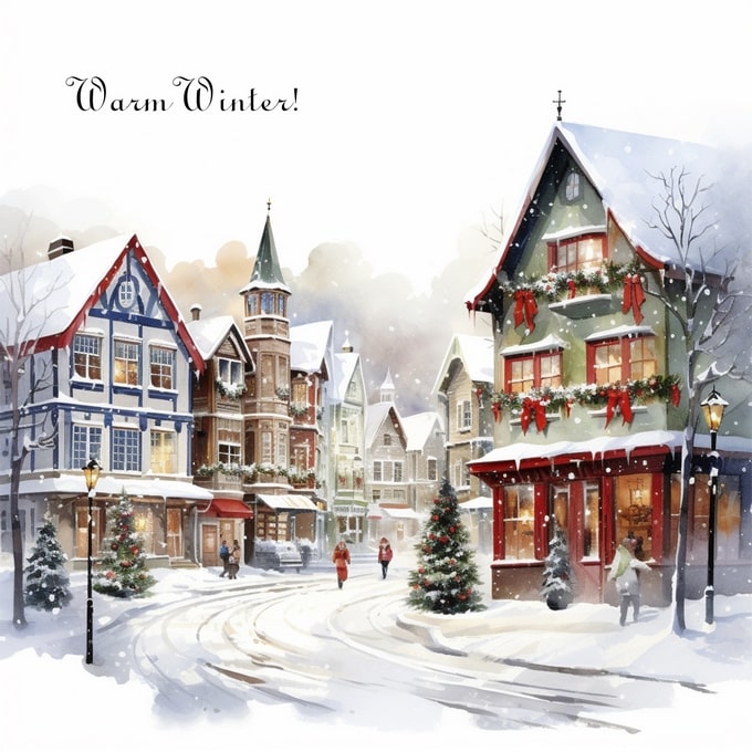 winter city watercolor postcard