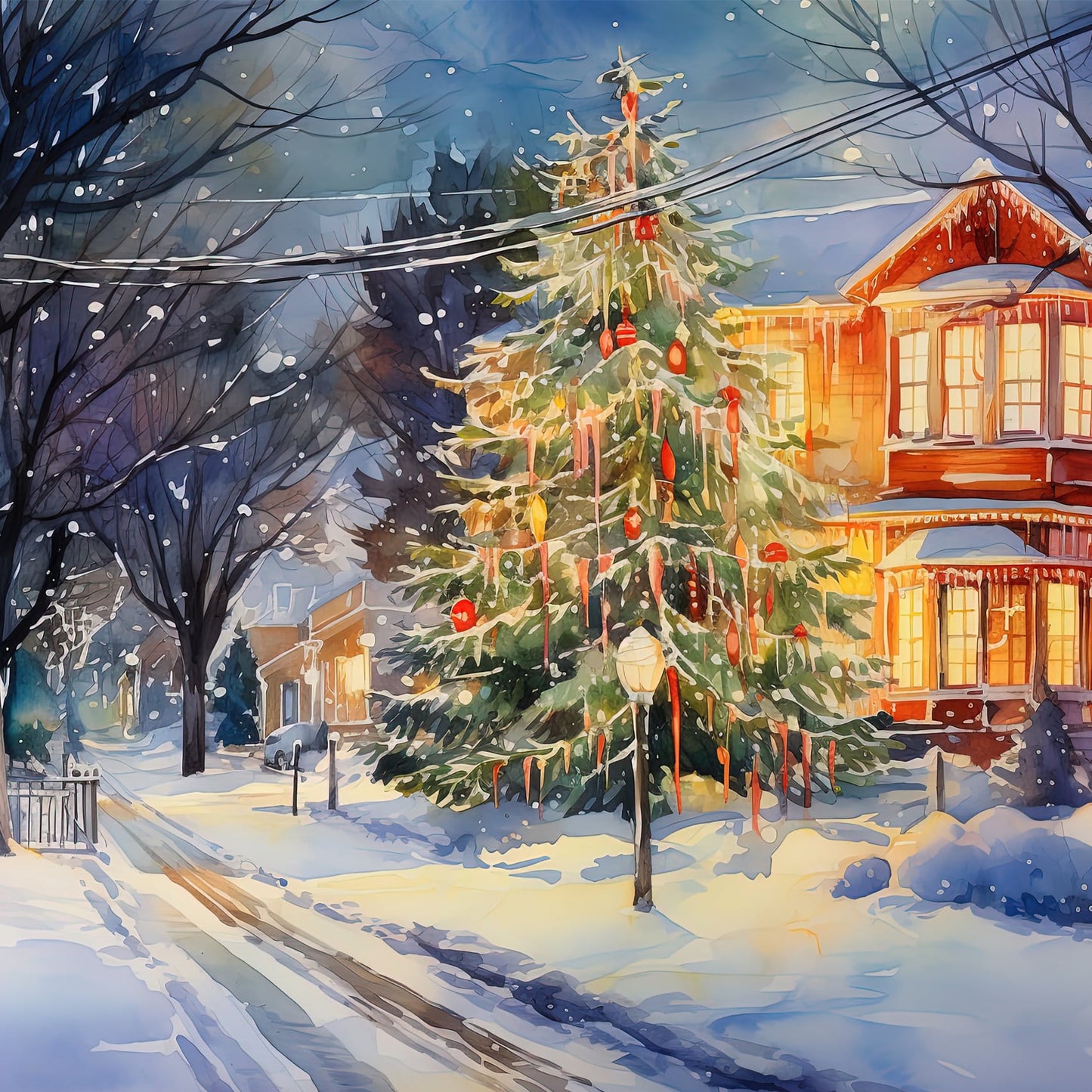 winter city watercolor postcard