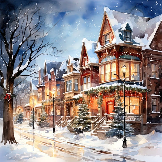 winter city watercolor postcard