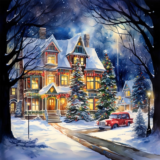 winter city watercolor postcard