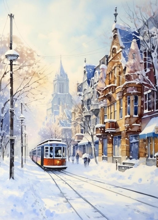 winter city watercolor postcard