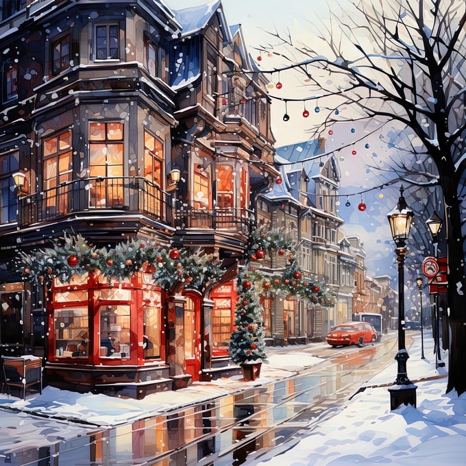 winter city watercolor postcard